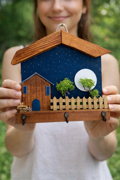 Anı_Atölye 3 خطافات، نموذج منزل خشبي للحديقة، سلسلة مفاتيح علاقة تعليق/20x20 سم