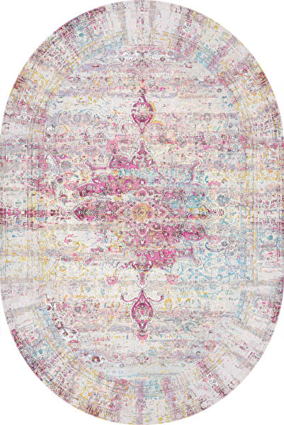 Frenda Vintage Desenli Pamuk Taban Yıkanabilir Oval Halı Fuşya
