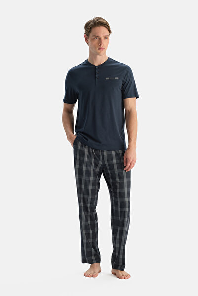 Dagi Navy Blue Half Placket T-Shirt and Trousers Set