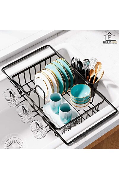 Elindor ® Extendable Dish Drainer, Sink-Mounted Cutlery and Glass Holder, 40 ...