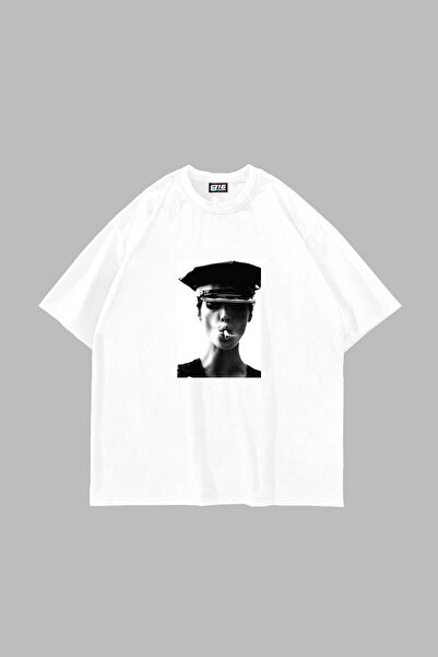 Sekizbiraltı Christy Turlington Printed Oversized Unisex White Tshirt