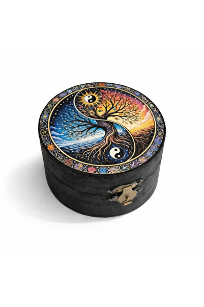 CrisArtDeco Round Wooden Box with Yin Yang Symbol and Tree of Life