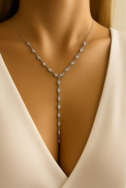 Haziran Accessories: Y Shape Steel Silver Women's Necklace with Drip Stones a...