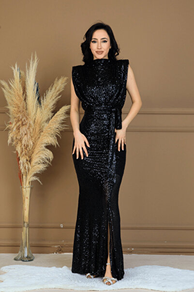 BEYBOS Sequin Fabric Drawstring Detailed Evening Dress - Black