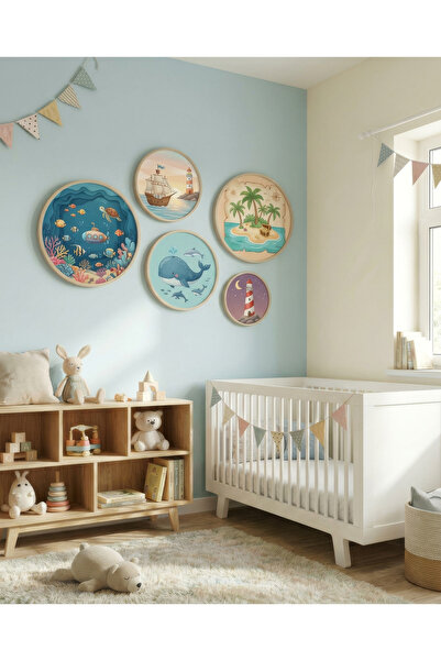 huhuli Set of 5 Wooden Birch Framed Round Baby Room Children's Room Mdf Painting