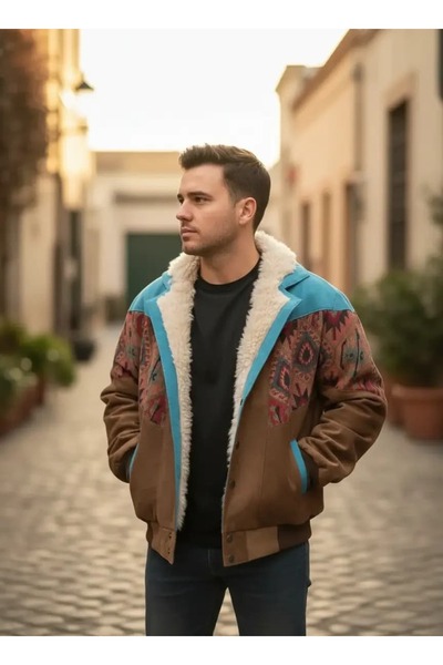 CANMODA (7813) Recien Unisex Fur-Trimmed Yaka Vintage Aztek Jacket Oversized ...