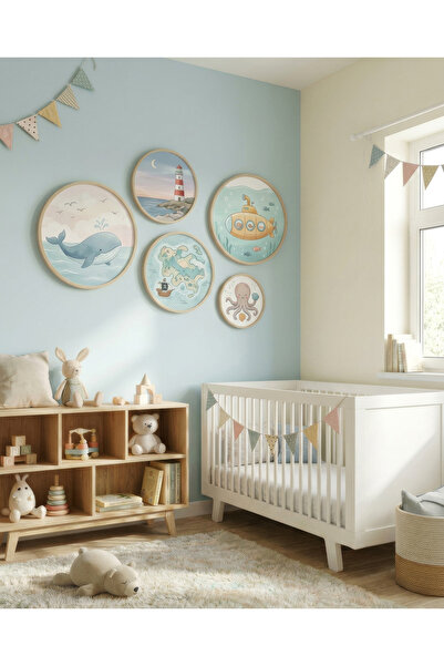 huhuli Set of 5 Wooden Birch Framed Round Baby Room Children's Room Mdf Painting