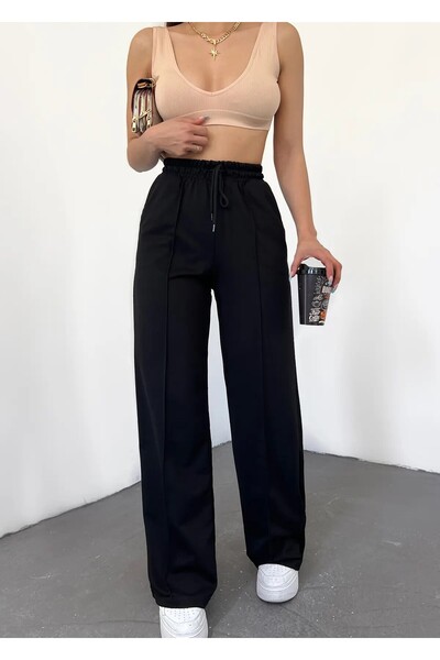 Hera Moda Pantaloni de trening largi pentru femei, negri, cu dungi, vara tali...