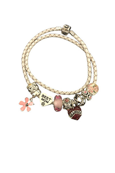 By TGA White leather double bracelet 9 charms 20 cm White