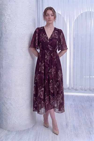 zks grup tekstil Μούρνταμ διπλό πέτο Γιακάς Σιφόν Με σχέδιο Ασύμμετρο Μίντι Φ...