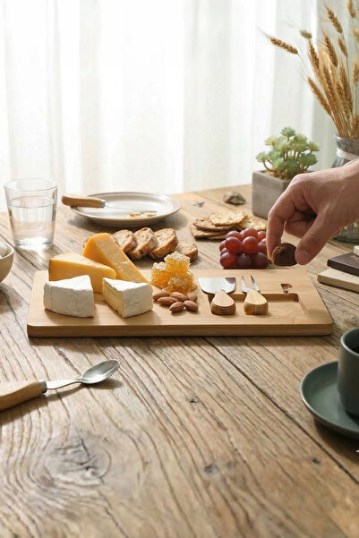 Onetick 4 Parça Bambu Peynir Kesme Sunum Tahtası Bıçak Seti | 38x17cm