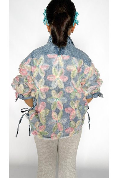 MODA Girl's Floral Print Pocketed Denim Jacket – Side Ruched Detail
