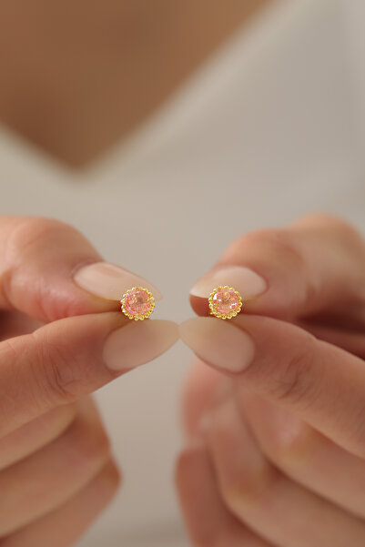 SUNSHINE 925 Ayar Gümüş ,Gold Kaplamalı Pembe Taşlı Minimal Tasarım Küpe