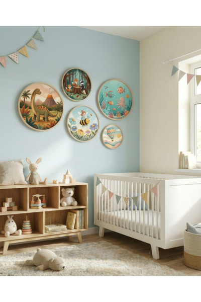 huhuli Set of 5 Wooden Birch Framed Round Baby Room Children's Room Mdf Painting