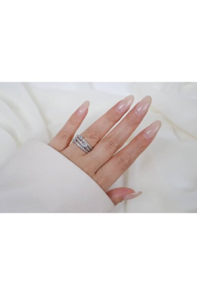 ATELİER TUĞBA Yzk321 Three-Band Round Stone Detail Silver Adjustable Ring
