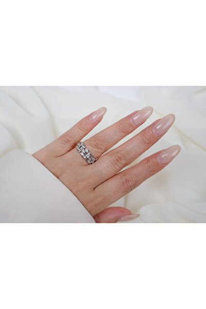 ATELİER TUĞBA Yzk317 Statement Chain Ring with Patterned Ircon Stones Adjusta...