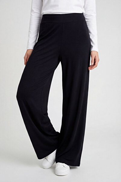 TOMMY LIFE بنطلون نسائي أسود واسع الساق بتصميم كورساج - 94681