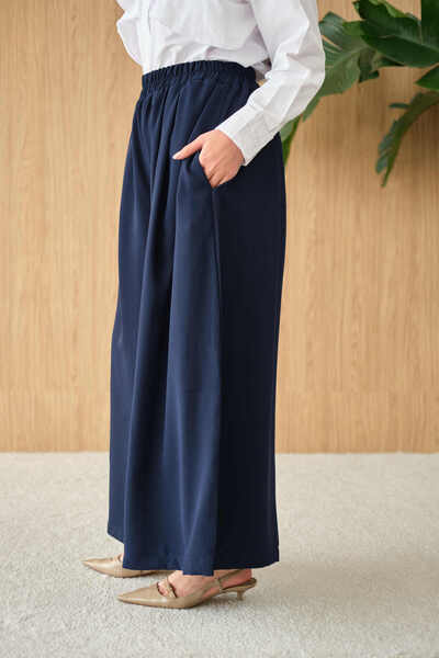 LOCCO Pantaloni de damă din țesătură wide-leg cu talie elastică, bleumarin