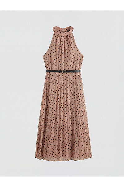 LC Waikiki LCWAIKIKI Κλασικό ροζ φόρεμα με λαιμόκοψη halter και πουά σε γραμμή Α