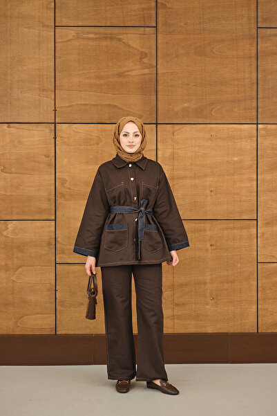 LOCCO Women's Double Pocketed Gold Button Detail Waist Tie-Detail Set Brown