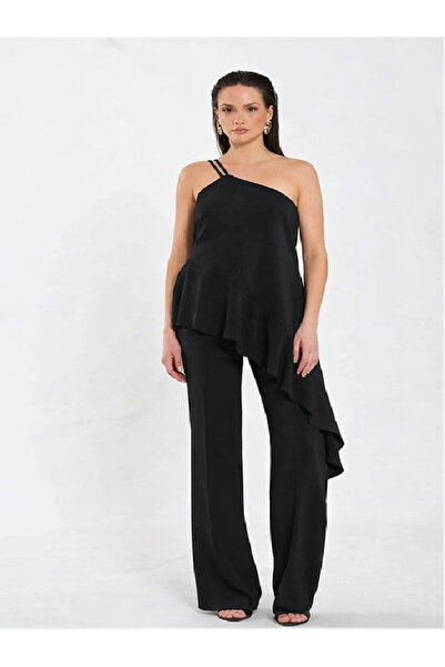 Lefon One-Shoulder Blouse with Skirt Hem Ruffle Detail + Single Pleated Strai...