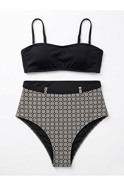 DAGMOR Bohem Desenli Yüksek Bel Bikini Takımı - Arkadan Metal Klipsli ve Kemerli