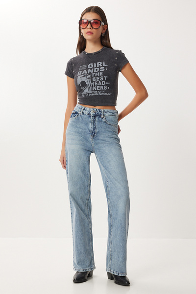 Lovelyİstanbul talie înaltă Blugi cu picior larg LRI0016 ALBASTRU MEDIU