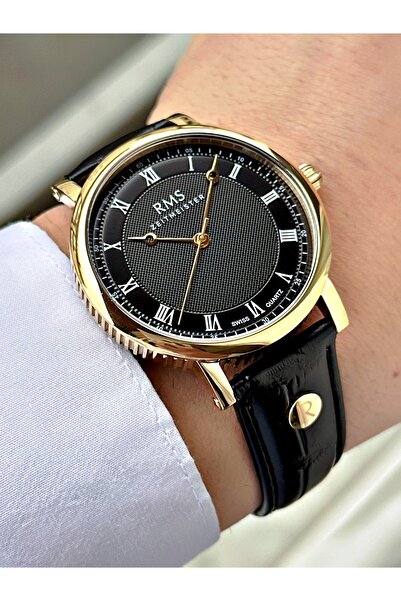 Romanson Special Design Black-Gold Color Leather Cord Steel Case Men's Wristw...