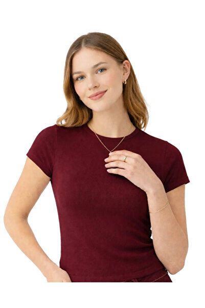 bysoca Women's Burgundy Crew Neck Short Sleeve Cotton Pack Rib Knit Textured ...