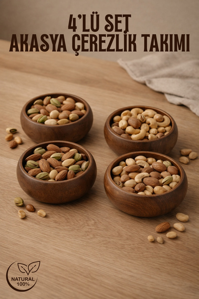 GİNZAMAİSON Akasya Model Ahşap Çerezlik 4’lü Set – Kahvaltı & Çerez Sunum Kas...