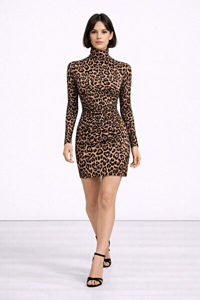 SBL COLLECTİON Leopard Printed Women's Ruched Women's Dress