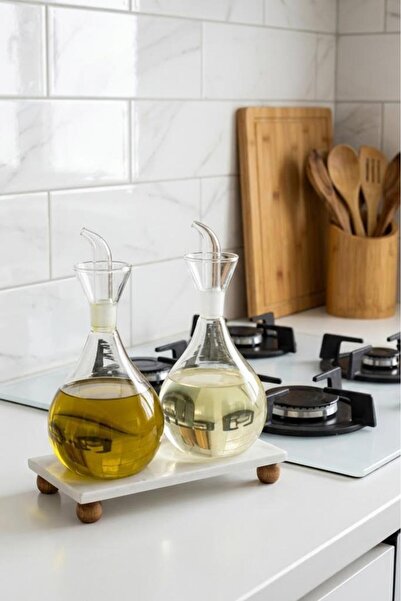 Atbyhome Mermer Standlı Ahşap Ayaklı 2'li Cam Yağlık Sirkelik Seti 900 ml