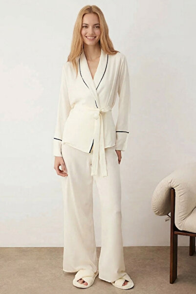 Laperissa Μπεζ Σετ Πιτζάμες με Ζώνη διακοσμητικό ρέλι διπλό πέτο Βισκόζη Εγκυ...