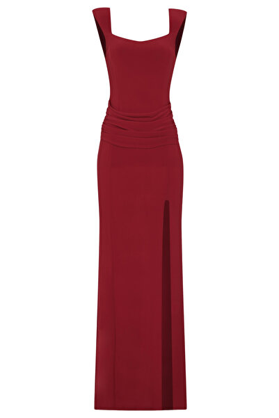 Whenever Company Kırmızı Geniş Askılı Yırtmaçlı Şık Abiye & Mezuniyet Elbise ...