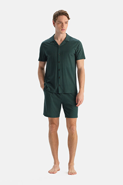 Dagi Petrol Green Striped Short Sleeve Shirt Shorts Set