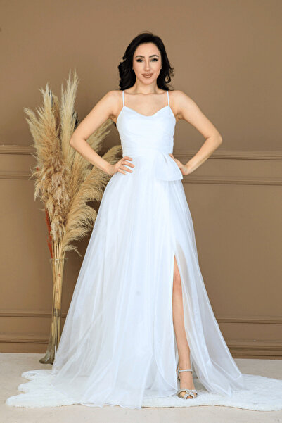 BEYBOS Organza Chiffon Fabric Evening Dress with Rope Detail on the Back - White