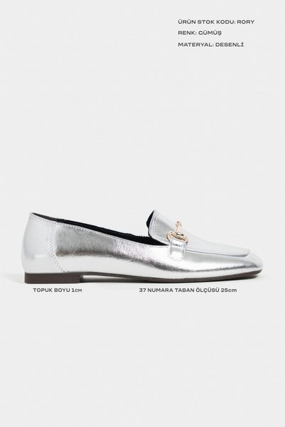 NİŞANTAŞI SHOES Rory Silver Patterned Buckle Detail Flat Sole Women's Loafers Shoes