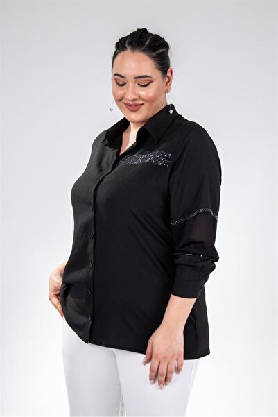 Roxxlen Plus Size Women's Stone Detailed Shirt Black