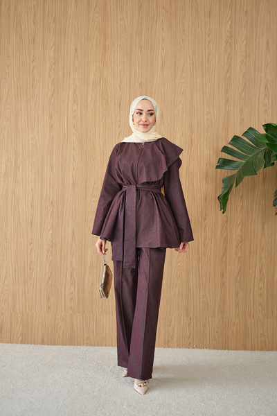 LOCCO Дамски костюм с набори на раменете, цип и връзки в талията, бордо