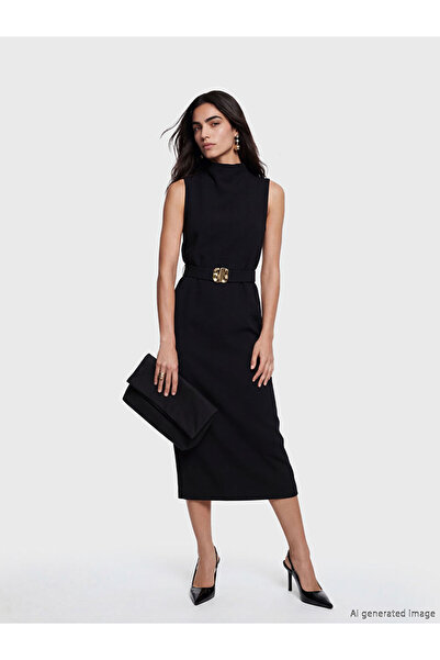 LC Waikiki Μαύρο φόρεμα με ψηλό γιακά και ζώνη με σκίσιμο