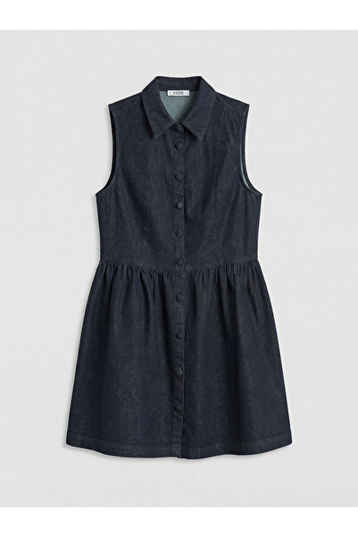 LC Waikiki Xside Navy Blue Shirt Collar Ruched Mini Jean Dress
