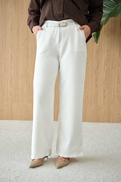 LOCCO Women's Folded-Cuff Detail Belt Piece Trousers Ecru