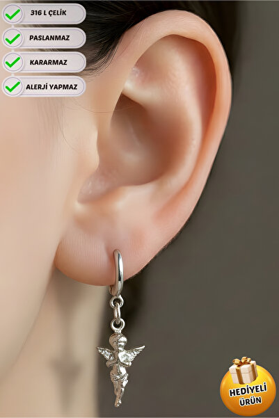 Piercing Market Steel & Silver Steel Special Design Dangle Angel Couple Earri...