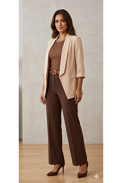 MODA Krem kolları katlama düğmeli şal yaka ,düğmesiz Premium A kalite blazer ...