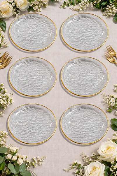 Eylül's Home 12'li, 21 cm Gold Tatlı Tabağı, Pasta tabağı, Cam Tatlı Tabağı, ...