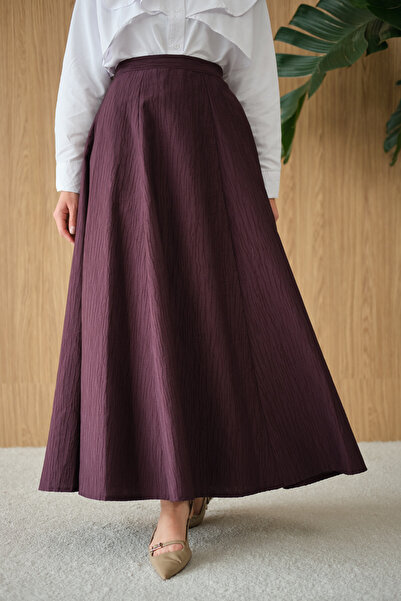 LOCCO Kadın Yandan Fermuarlı Kendinden Desen Etek Mürdüm