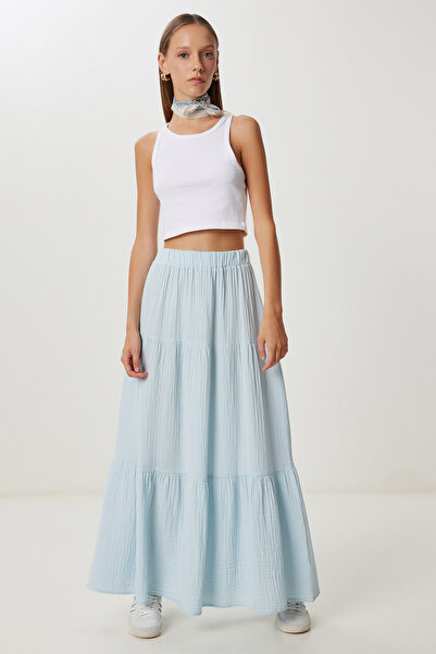 Lovelyİstanbul Ruffled Summer Skirt Linen Lkt0005 Sky Blue