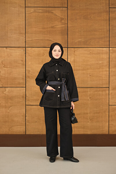 LOCCO Women's Double Pocketed Gold Button Detail Waist Tie-Detail Set Black