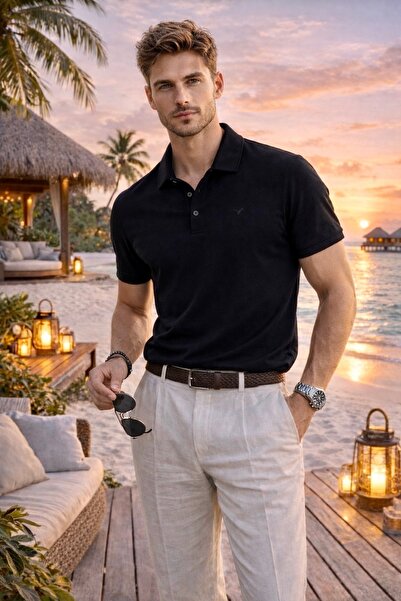 Maccali Men's Trend Summer Basic Black Polo Neck T-Shirt