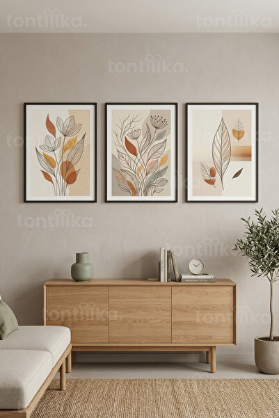 Tontilika Modern Botanik Desenli 3’lü Ahşap Çerçeveli Tablo Seti